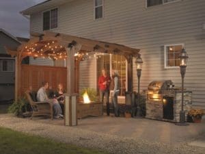 Pergola over a cozy patio with lights