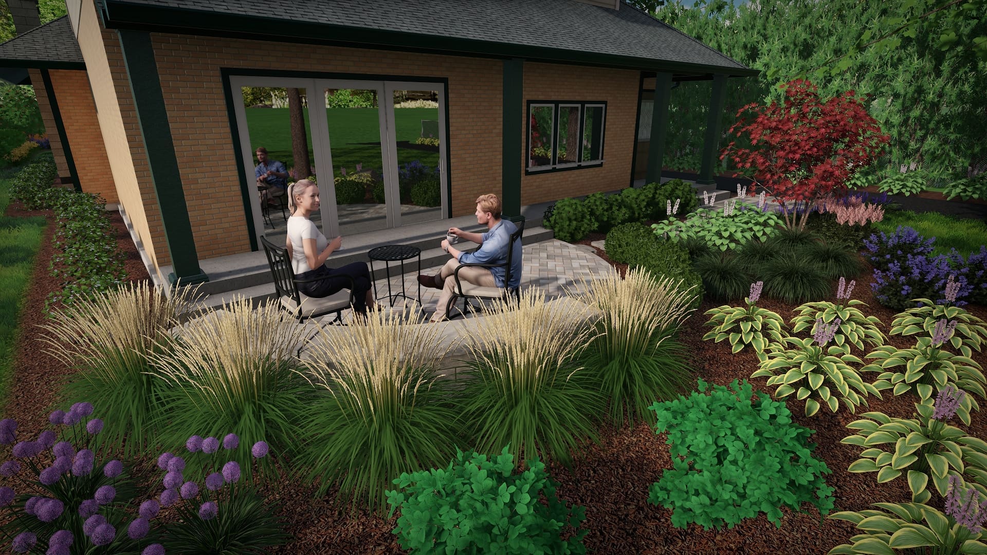 Front Yard Courtyard Patio with Layered Plantings 3D rendering of a cozy front yard courtyard featuring a small paver patio surrounded by ornamental grasses, hostas, and colorful perennials, designed by The Bravos Landscape for outdoor relaxation.