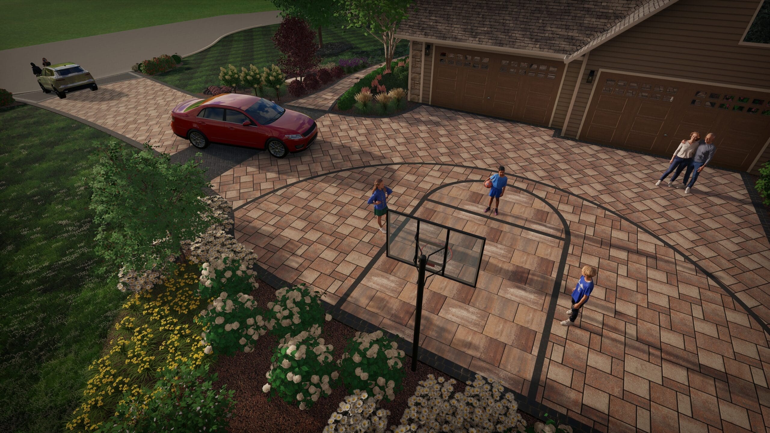 Family-Friendly Driveway Design with Built-In Basketball Court 3D rendering of a spacious Unilock driveway with integrated basketball half-court, featuring Unilock-style pavers in a warm blend of tones, surrounded by lush planting beds and a three-car garage — designed by The Bravos Landscape.