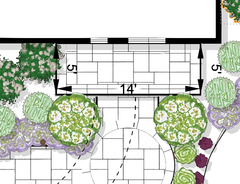 Front Entry Stoop Design with Bluestone Coping and Symmetrical Plantings Landscape design plan detail showing a 14-foot front entry stoop with 24-inch bluestone coping, rockface edge, and formal layered plantings on both sides for balanced curb appeal.