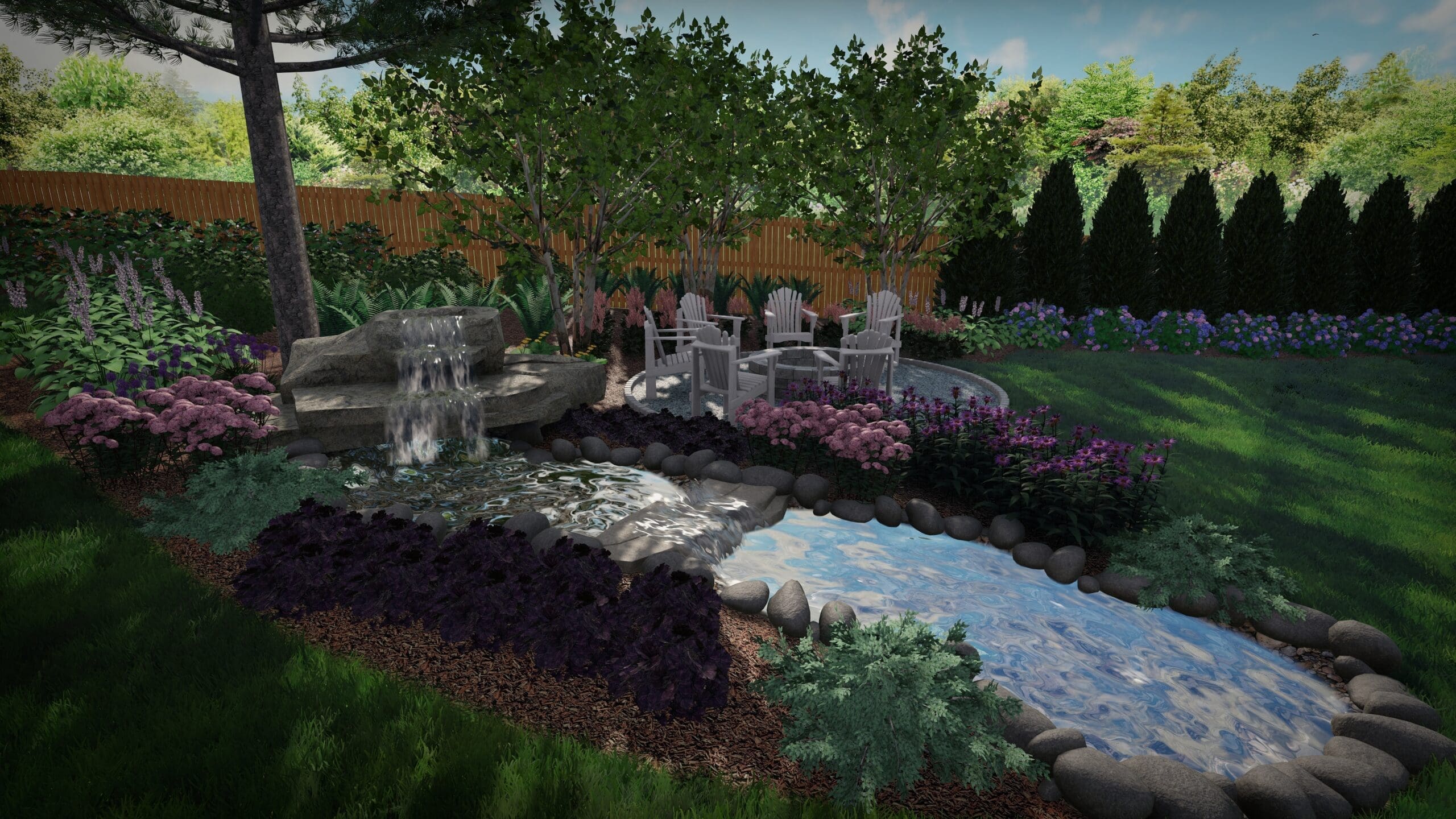 Backyard Water Feature with Pond and Natural Stone Stream 3D landscape design rendering of a serene backyard featuring a cascading stone waterfall that flows into a natural-style pond, surrounded by lush planting beds, Adirondack chairs, and layered privacy trees — designed by The Bravos.